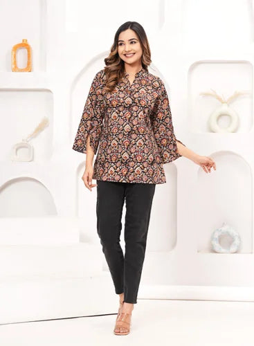 Warm Grey Printed Cotton Top with Floral Design - Raworiya